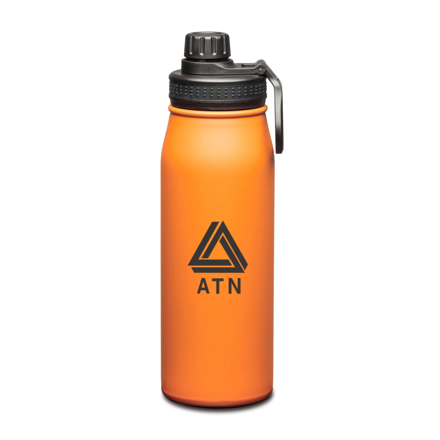 Orange stainless steel water bottle with black screw-on lid and handle, featuring a logo on the front.