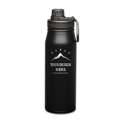 Black stainless steel water bottle with a black screw-on lid and a custom engraved design on the front