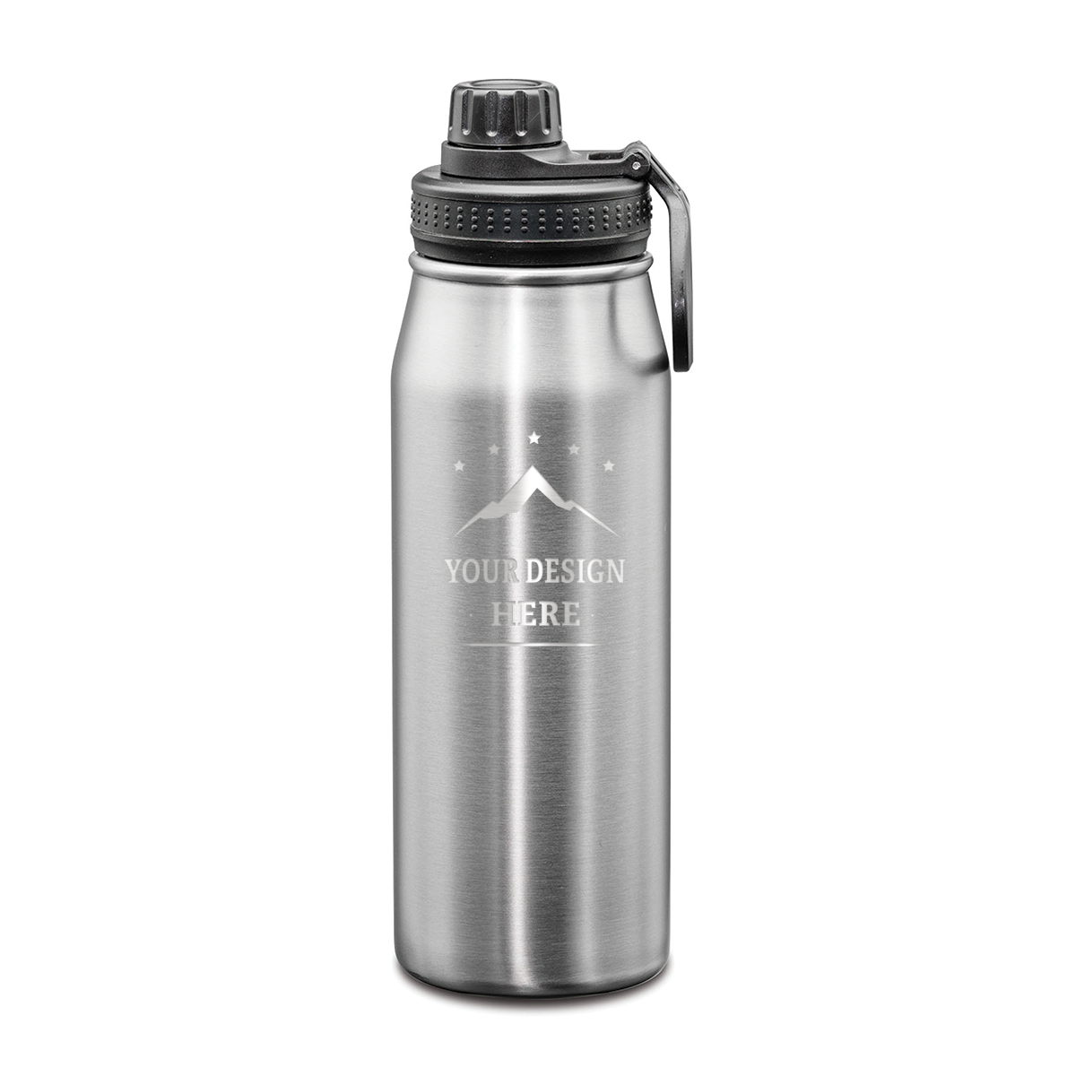 Silver stainless steel water bottle with a black screw-on lid and a custom engraved design on the front
