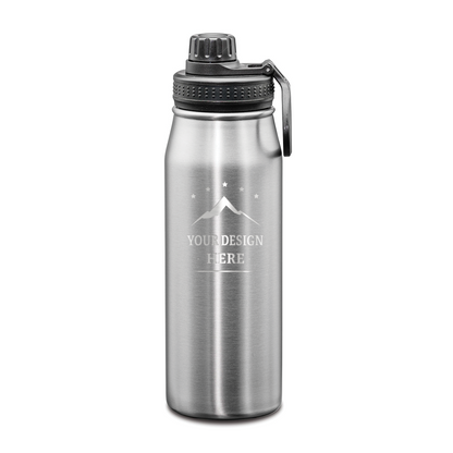 Silver stainless steel water bottle with a black screw-on lid and a custom engraved design on the front
