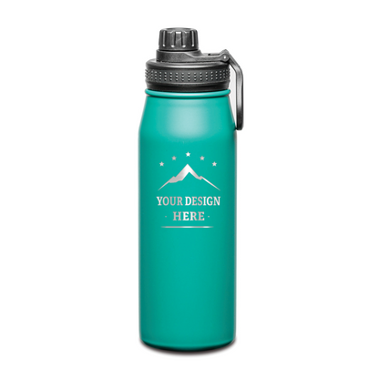 Teal stainless steel water bottle with black screw-on lid and custom engraved design on the front