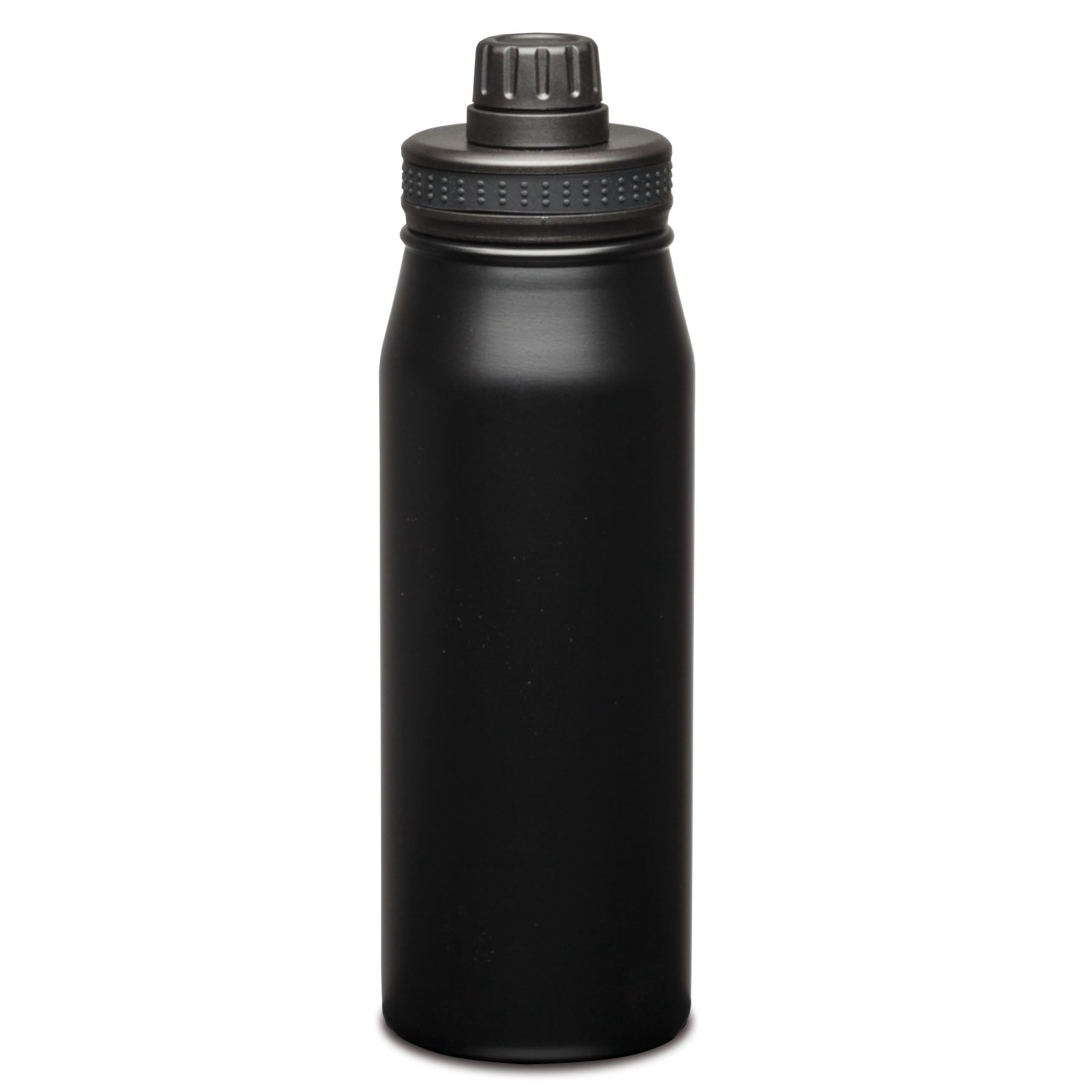 Matte black stainless steel water bottle with matching screw-on lid and textured grip band.