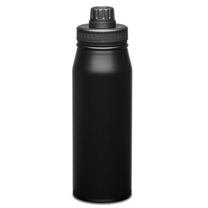 Matte black stainless steel water bottle with matching screw-on lid and textured grip band.