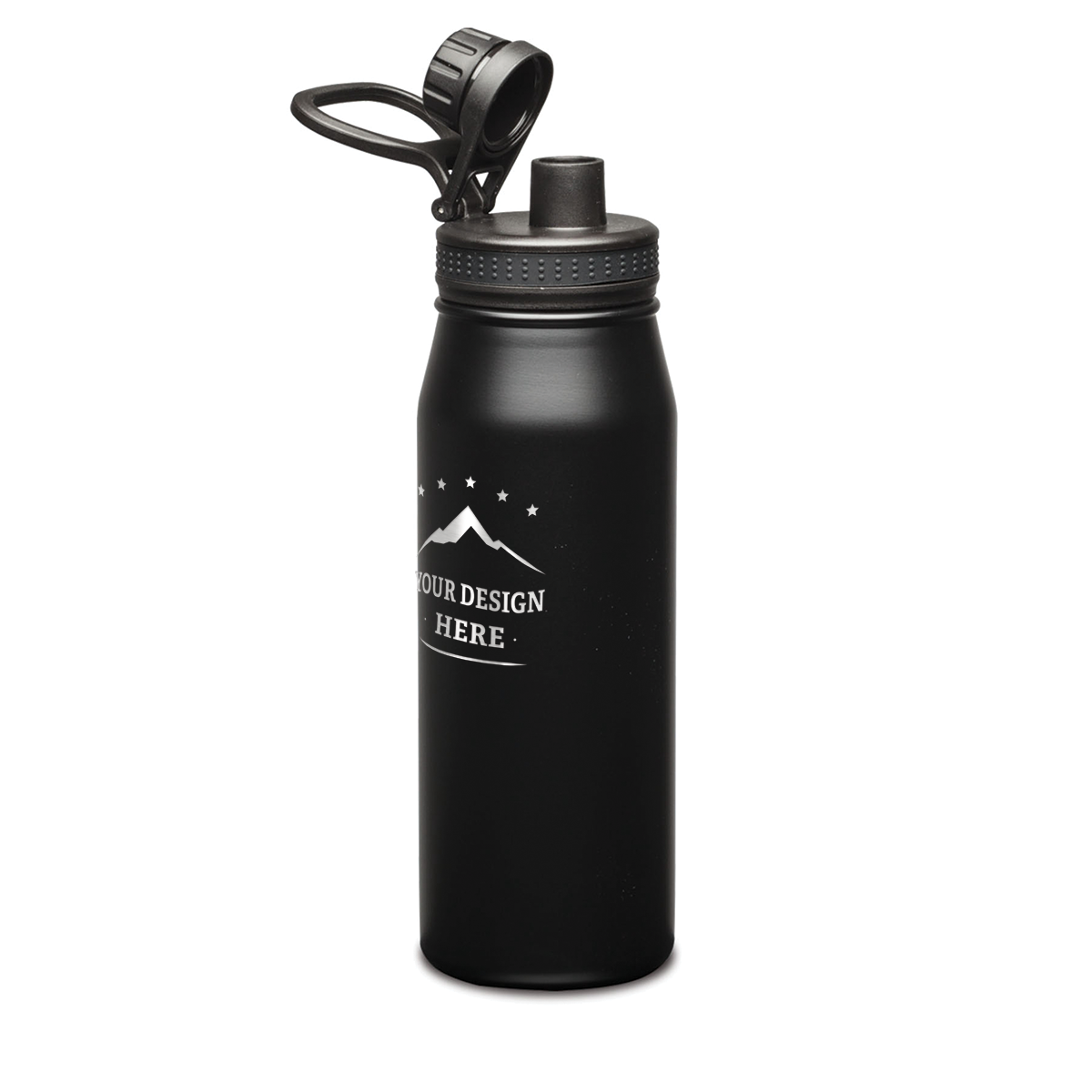Matte black stainless steel water bottle with flip-top straw lid and custom engraved mountain design on the front.