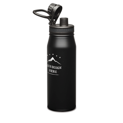 Matte black stainless steel water bottle with flip-top straw lid and custom engraved mountain design on the front.