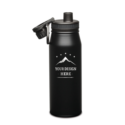 Matte black stainless steel water bottle with flip-top lid and custom engraved mountain design on the front.