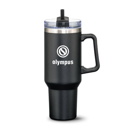 Black stainless steel travel mug with black handle and straw lid, featuring white Olympus logo on the front