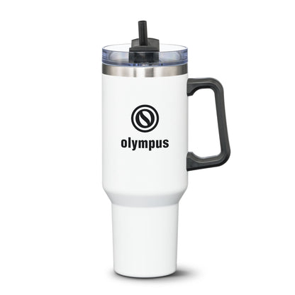 White stainless steel travel mug with black handle and straw lid, featuring Olympus logo on the front.