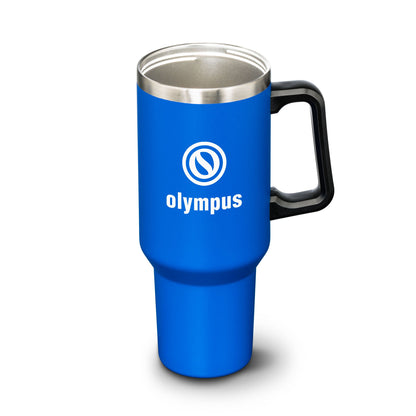 Blue stainless steel travel mug with black handle and open top, featuring white Olympus logo on the front.