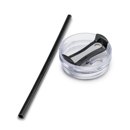 Clear plastic travel mug lid with black sliding closure, shown with matching black reusable straw