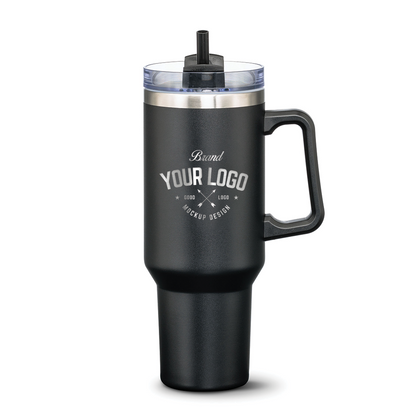 Black stainless steel travel mug with black handle and straw lid, featuring custom logo design on front