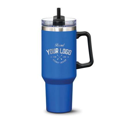 Blue stainless steel travel mug with black handle and straw lid, featuring custom logo design on front