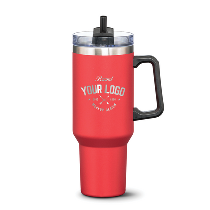 Red stainless steel travel mug with black handle and straw lid, featuring custom logo design on front