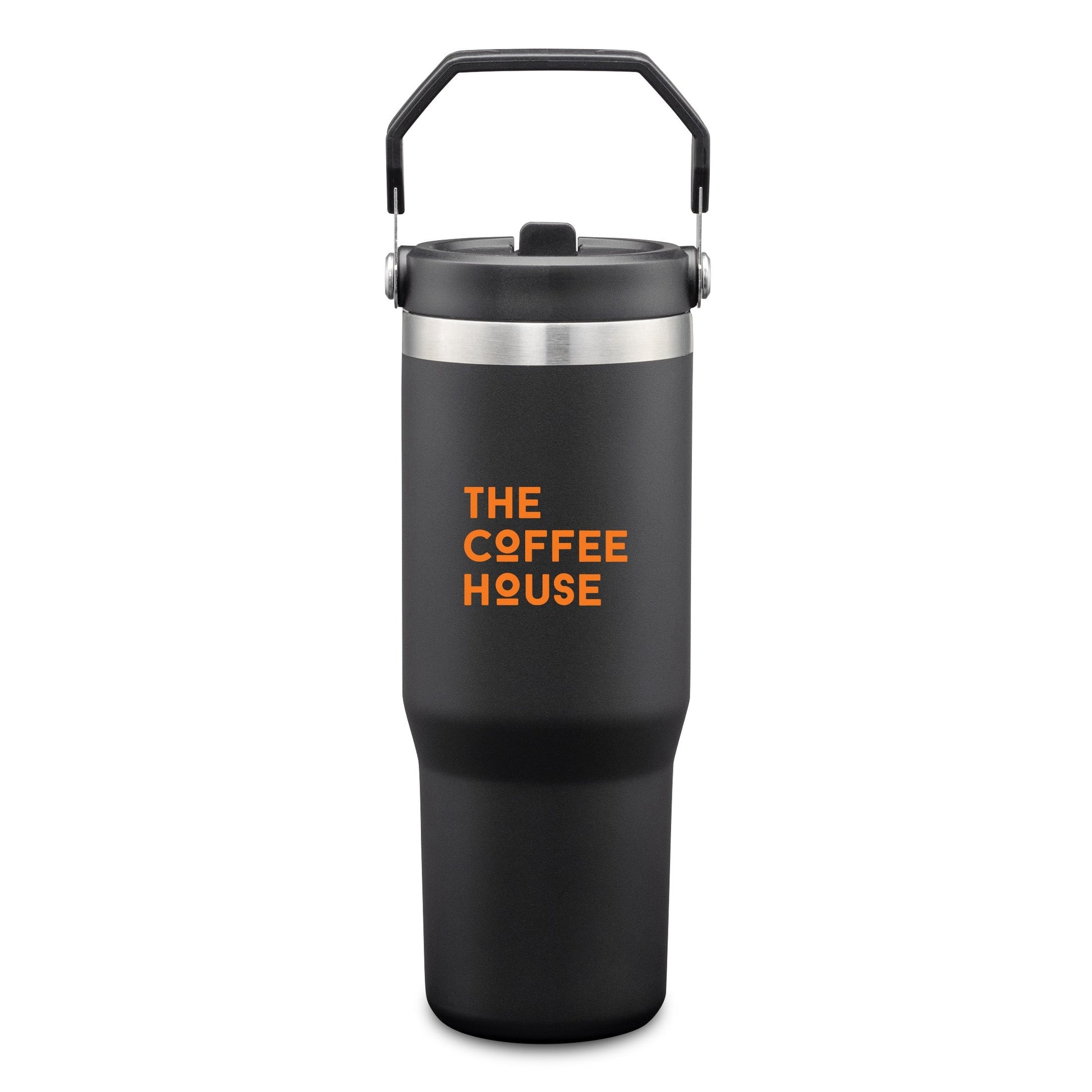 Black stainless steel tumbler with carrying handle and logo on the front