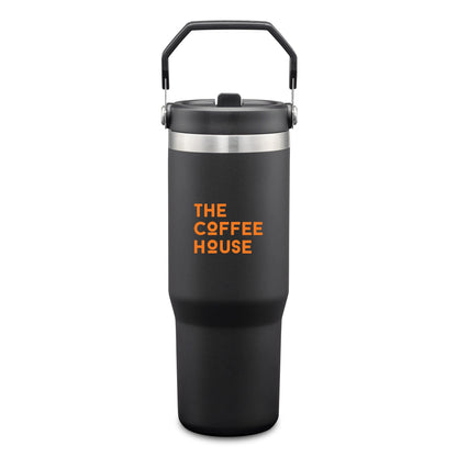 Black stainless steel tumbler with carrying handle and logo on the front