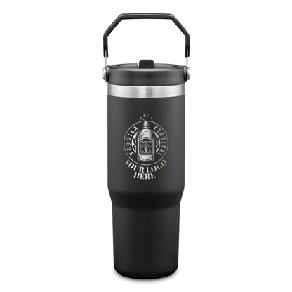 Black stainless steel tumbler with metal carry handle and engraved logo on front.
