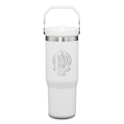 White stainless steel tumbler with metal carry handle and engraved logo on front.