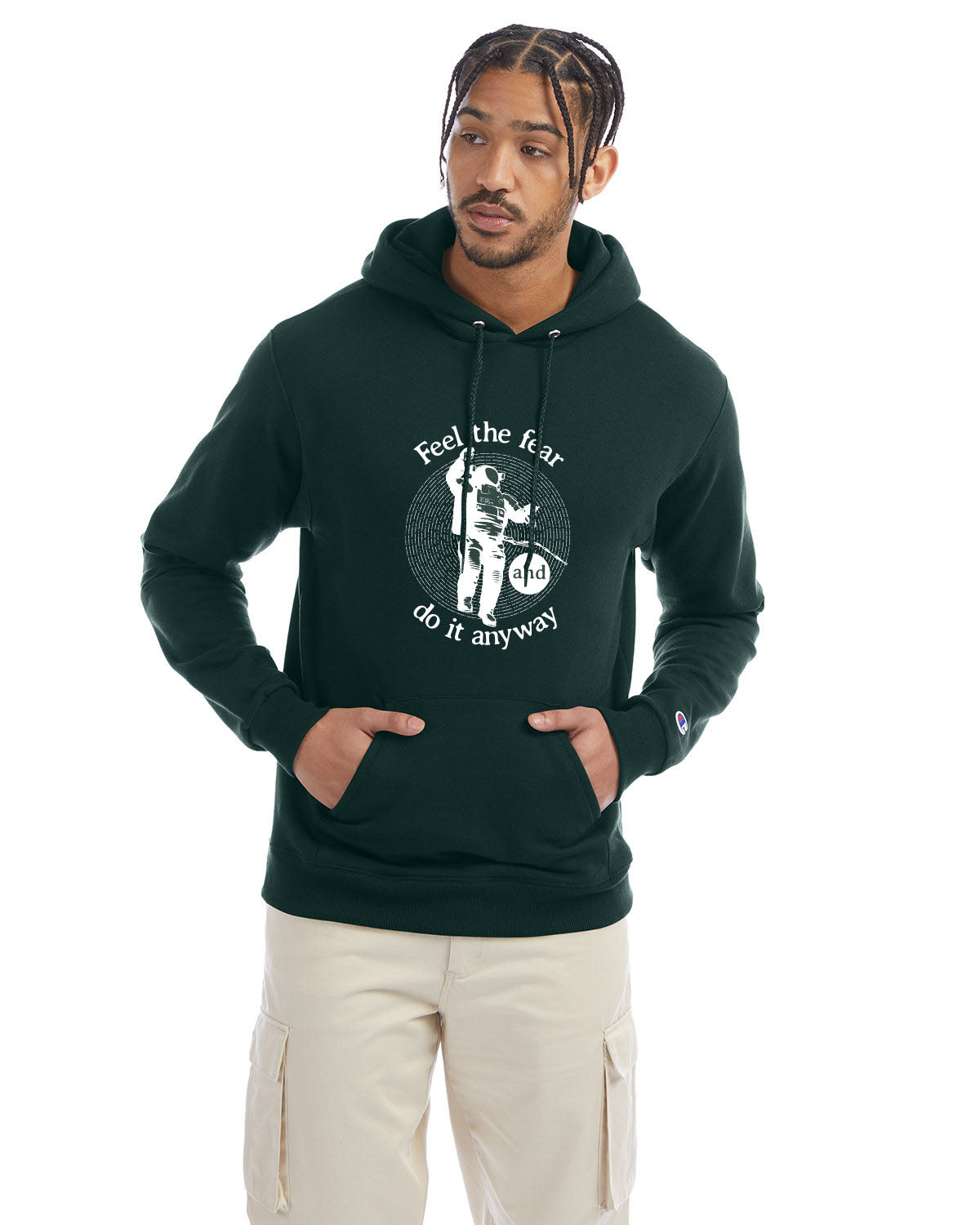 Dark green Champion hoodie with “Feel the fear and do it anyway” graphic