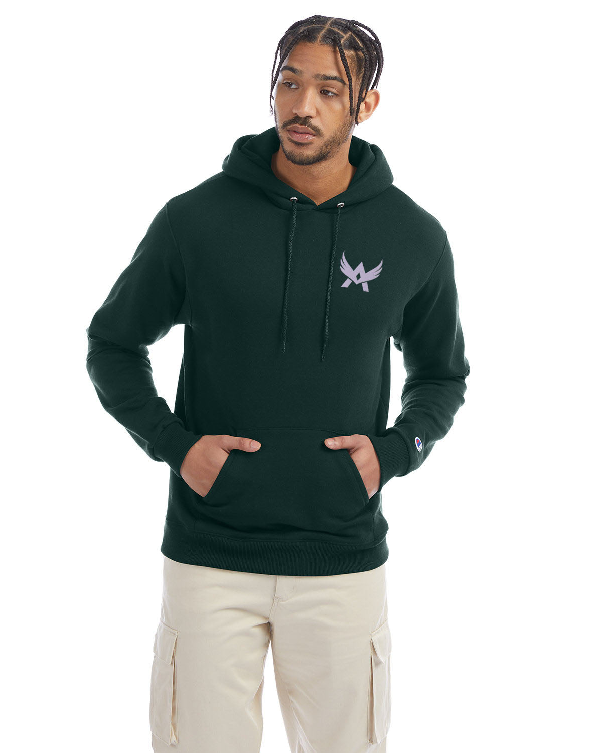 Model wearing a dark green Champion hoodie with a front kangaroo pocket and a purple abstract winged logo on the left chest