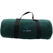 Dark green rolled fleece travel blanket with carrying handle, featuring an embroidered 'alphaprints' logo on the front