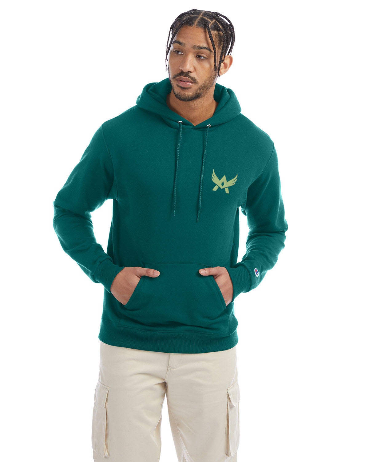 Model wearing a emerald green Champion hoodie with a front kangaroo pocket and a purple abstract winged logo on the left chest