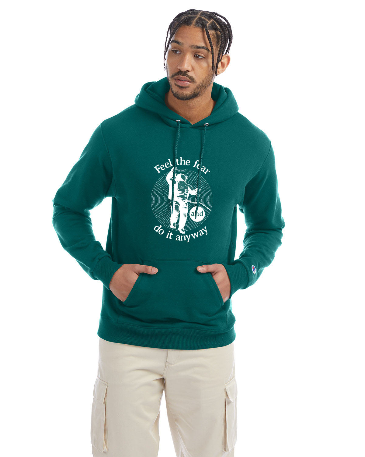 Emerald green Champion hoodie with “Feel the fear and do it anyway” graphic