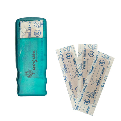 Teal bandage dispenser with evergreen logo, shown with three sterile bandages.