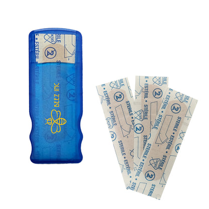 Blue bandage dispenser with yellow BEEZ INC logo and bee graphic, shown next to three sterile adhesive bandages.