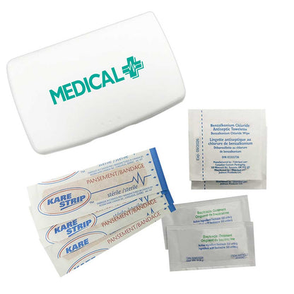 Red first aid kit with MusicFest logo, includes bandages, antiseptic wipes, and ointment packets.