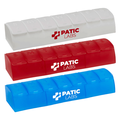Three weekly pill organizers in white, red, and blue, each labeled with the 'PATIC LABS' logo and marked with days of the week on the lids