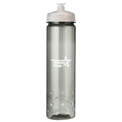 Gray-tinted sports bottle with white lid and white 'Shining Stars' logo featuring a star icon
