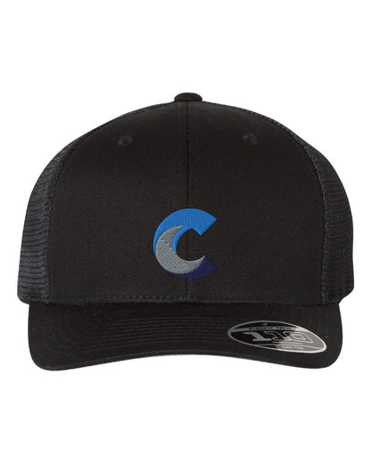 Front view of a black Flexfit 110® mesh-back cap with embroidered blue and gray 'C' logo on the crown and black mesh side panels