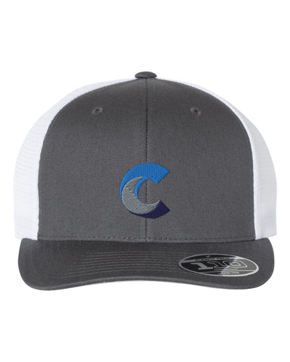 Dark grey and white Flexfit 110® mesh-back cap with an embroidered gradient 'C' logo in blue and grey on the front panel; features structured front, curved brim, and original Flexfit sticker label on the visor.