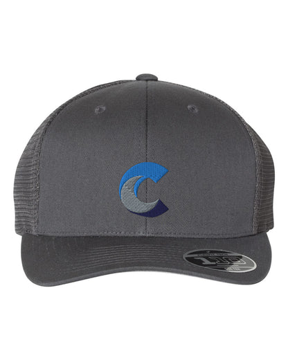 Front view of a charcoal grey Flexfit 110® mesh-back cap with a curved brim, featuring a blue, grey, and navy embroidered 'C' logo on the front panel
