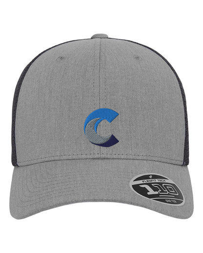 Side view of a grey Flexfit 110® mesh-back cap with navy mesh panels, displaying an embroidered blue, grey, and navy 'C' logo, and featuring a Flexfit sticker on the curved brim.