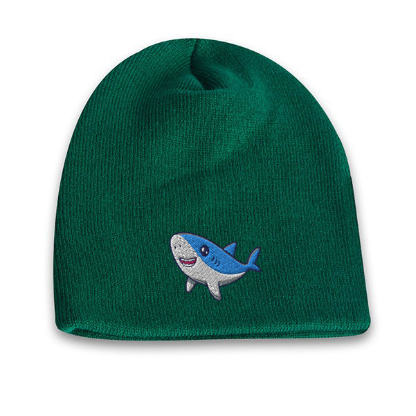 Forest green acrylic knit beanie featuring a cute embroidered cartoon shark logo on the front