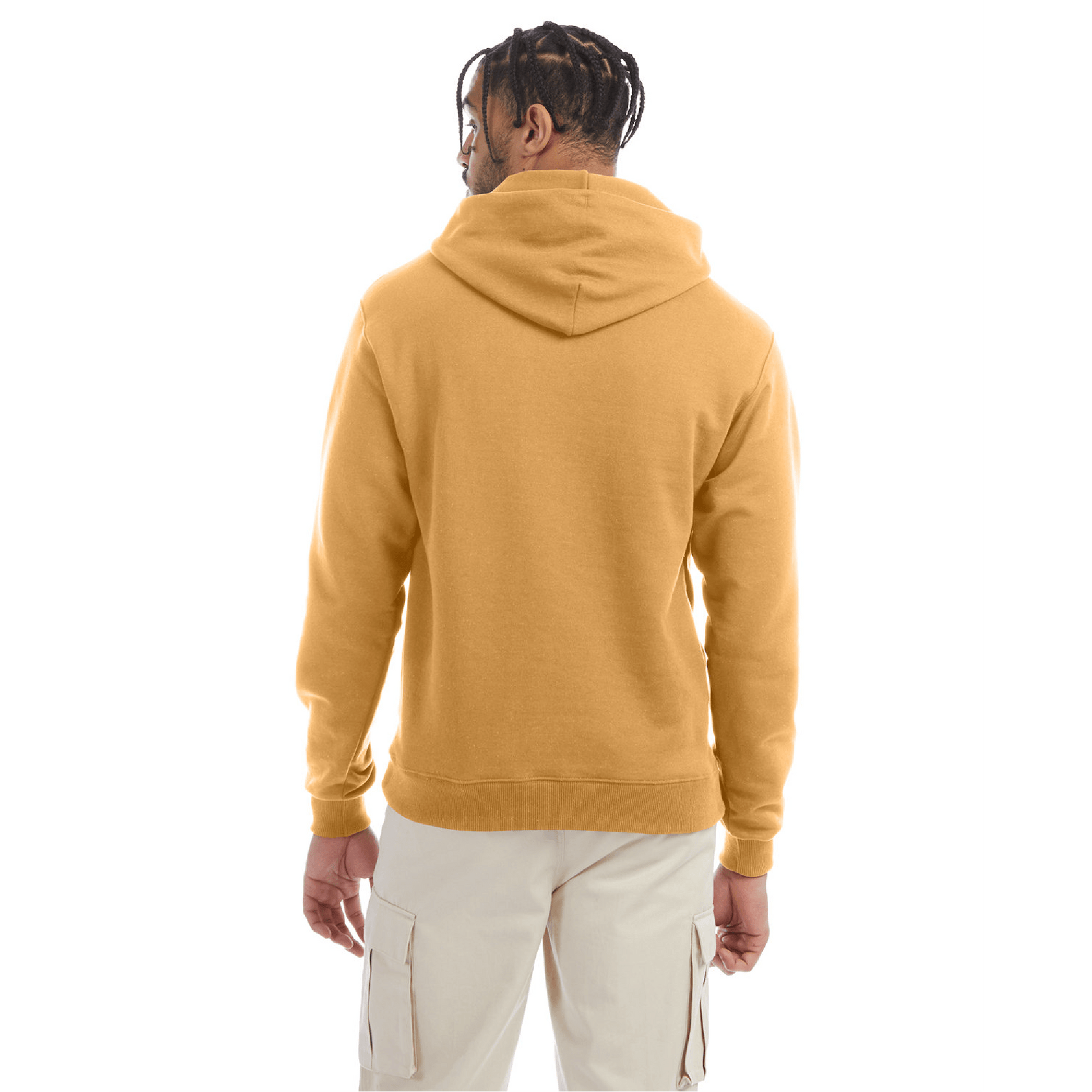 Back view of a golden brown Champion hoodie paired with beige cargo pants, showcasing the hood and ribbed hem design