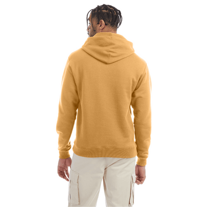 Back view of a golden brown Champion hoodie paired with beige cargo pants, showcasing the hood and ribbed hem design