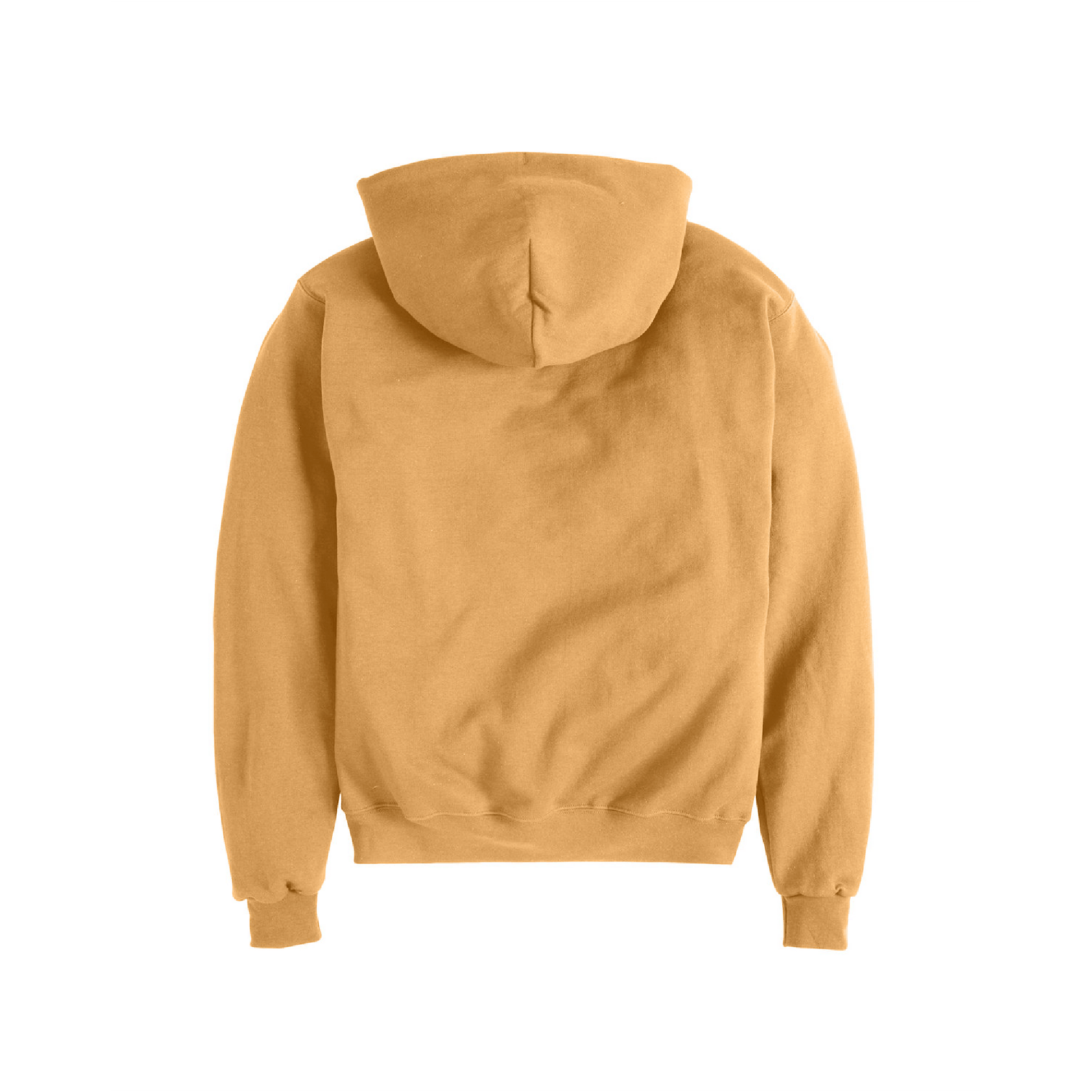 Back view of a golden brown Champion hoodie with a plain design, showing the hood, ribbed cuffs, and waistband.