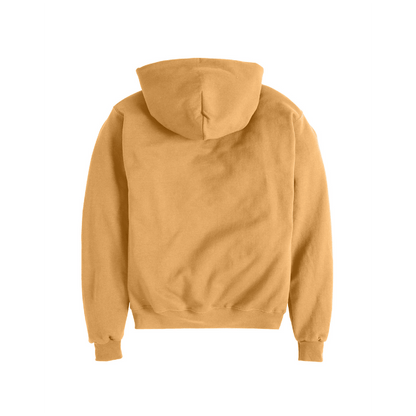 Back view of a golden brown Champion hoodie with a plain design, showing the hood, ribbed cuffs, and waistband.