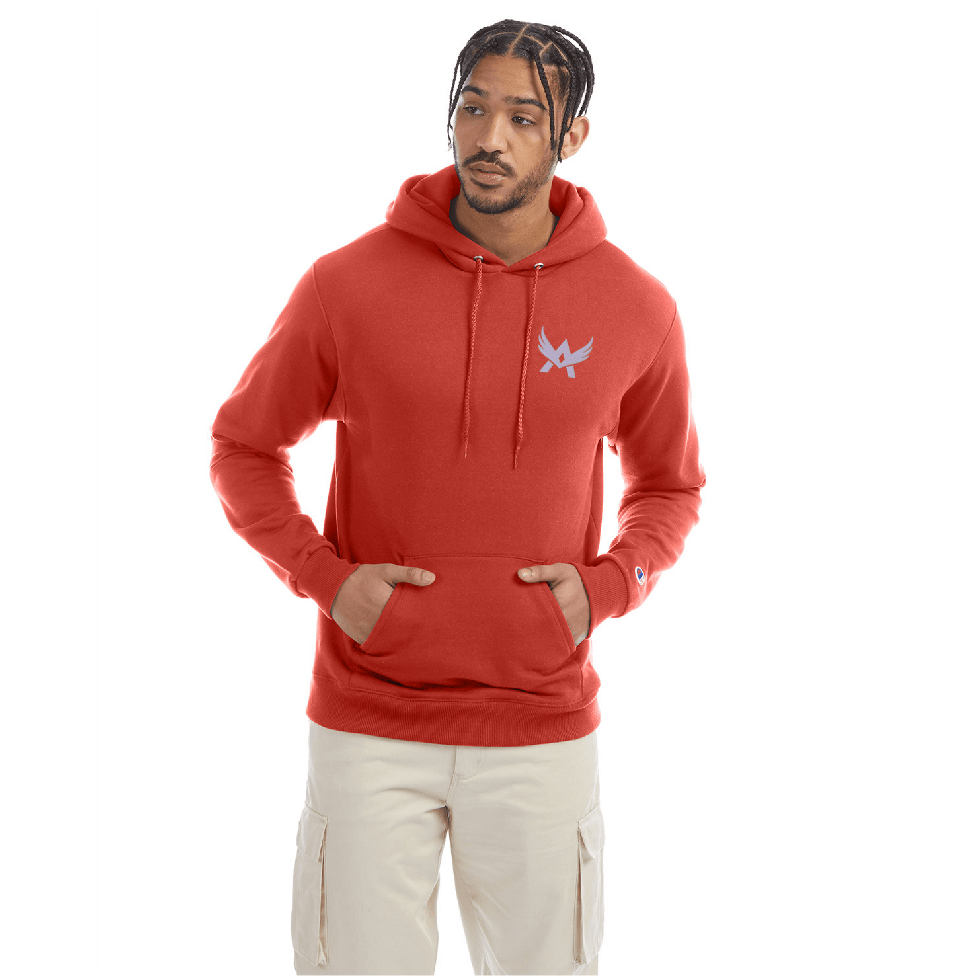 Model wearing a red Champion hoodie with a blue abstract winged logo on the left chest, front kangaroo pocket, and beige cargo pants.