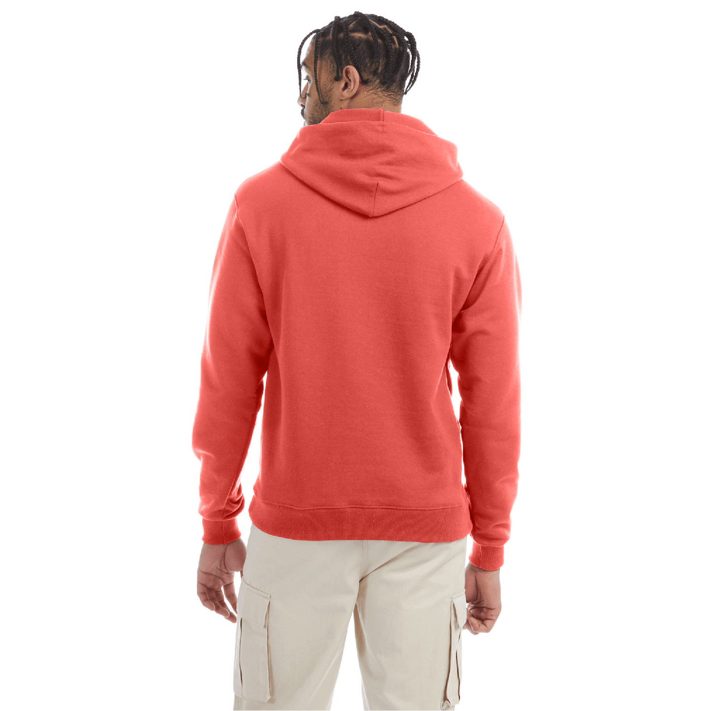 Back view of a red Champion hoodie paired with beige cargo pants, showing a clean, plain design with a relaxed fit and attached hood.