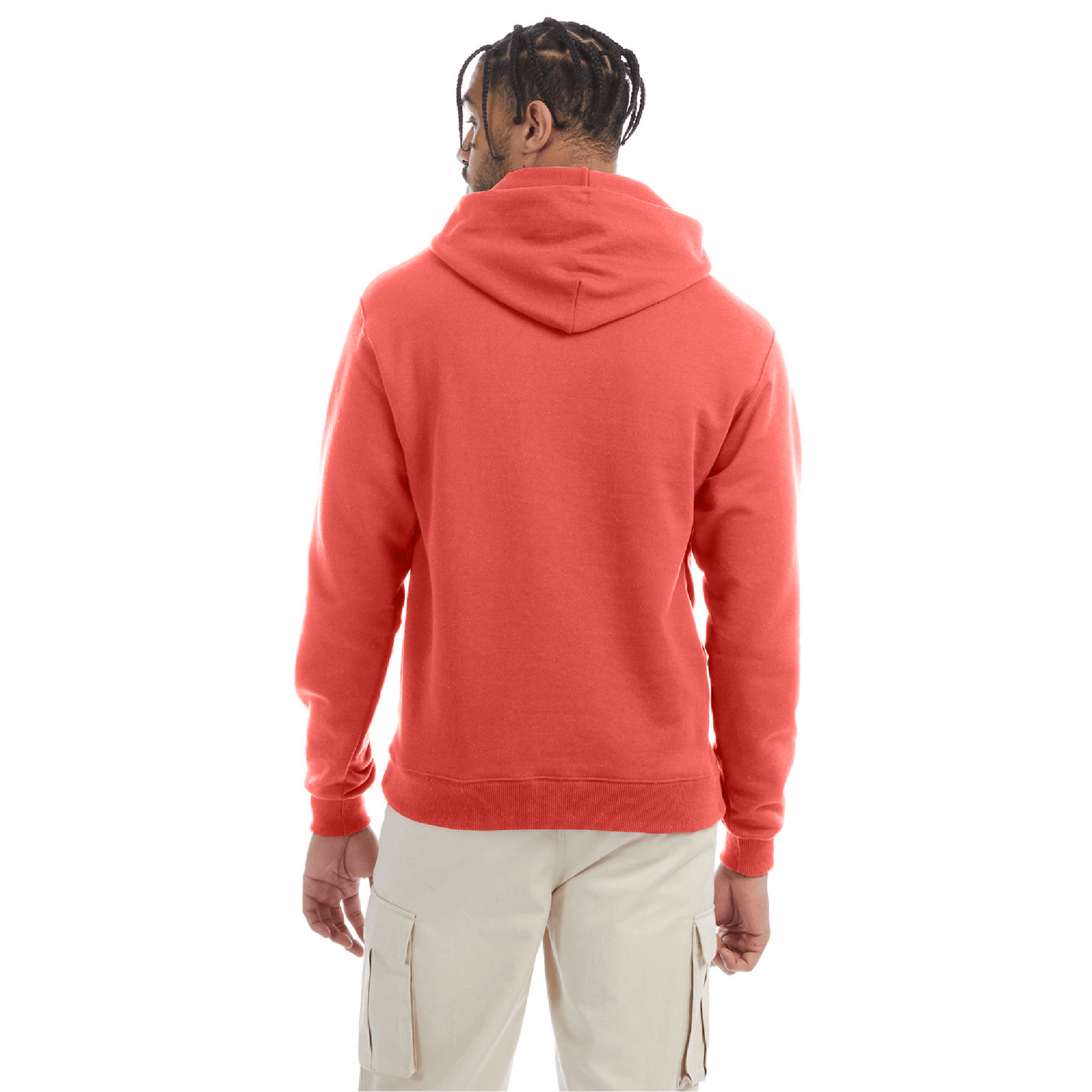 Back view of a red Champion hoodie paired with beige cargo pants, showing a clean, plain design with a relaxed fit and attached hood.