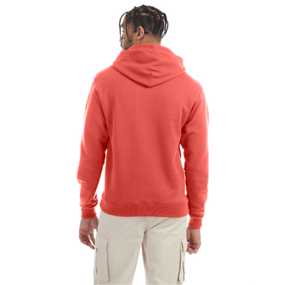 Back view of a red Champion hoodie paired with beige cargo pants, showing a clean, plain design with a relaxed fit and attached hood.