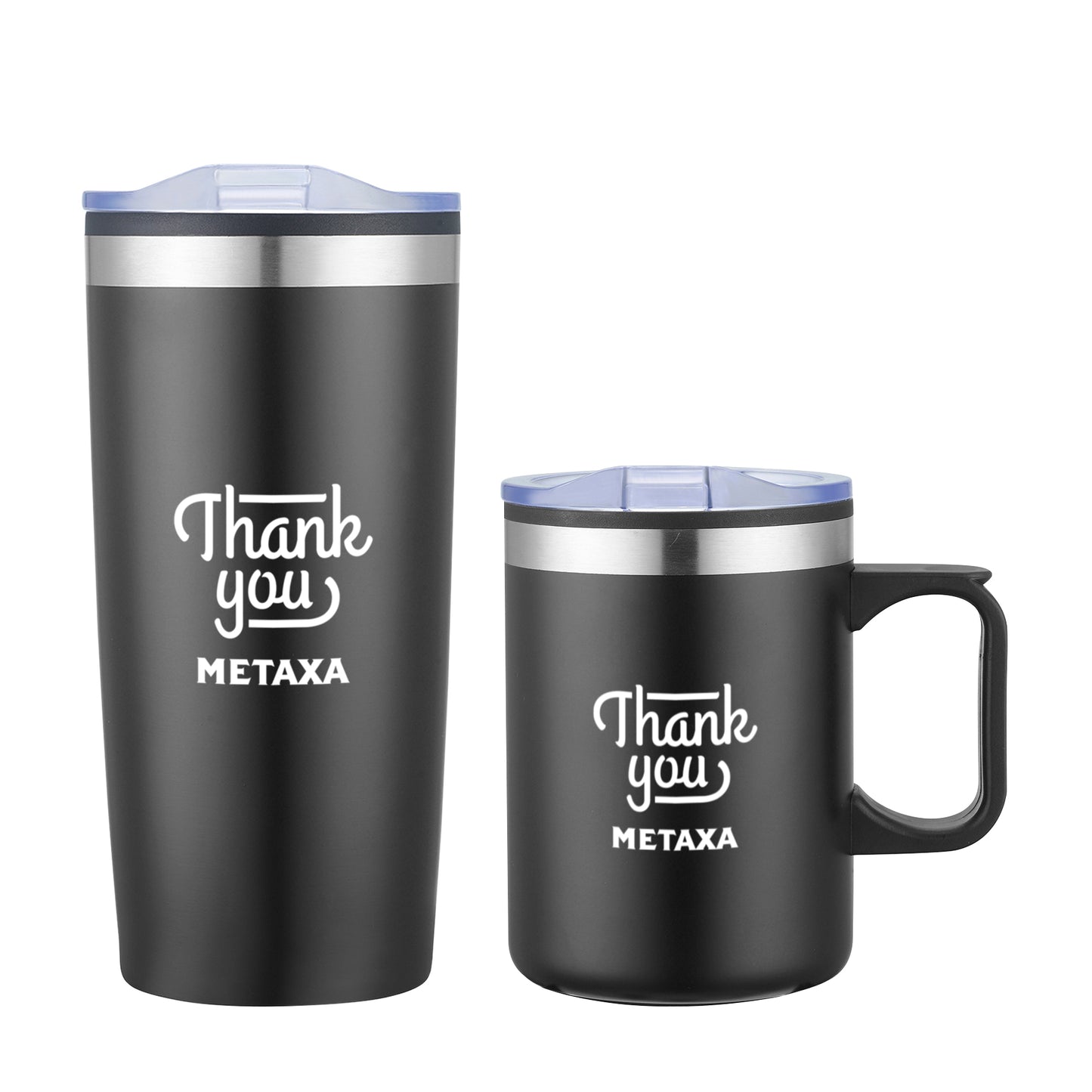 Black Lou Asador tumbler and mug gift set with clear lids and white 'Thank you METAXA' text, featuring a tall travel tumbler and a handle mug.