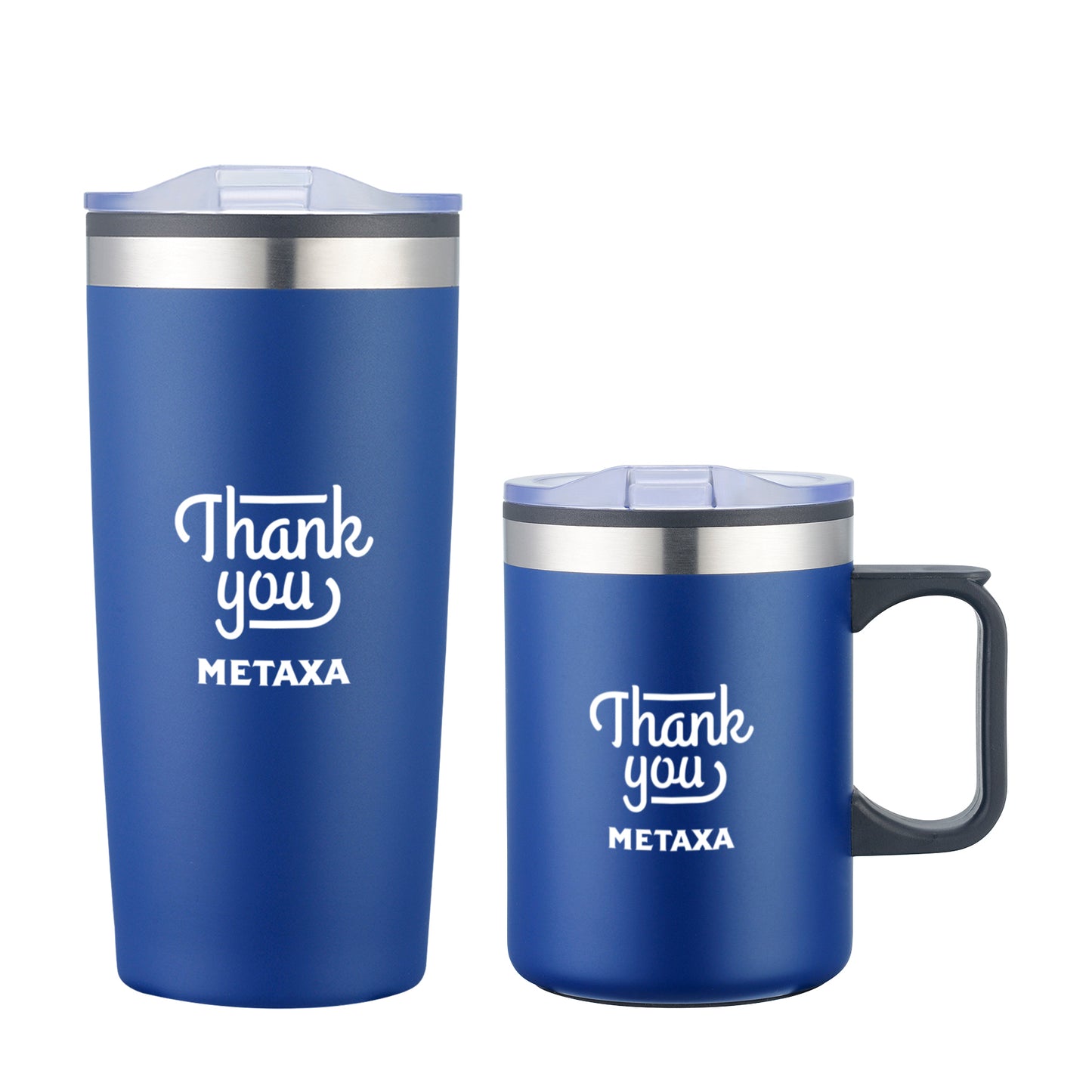 Blue Lou Asador tumbler and mug gift set with clear lids and white 'Thank you METAXA' text, featuring a tall travel tumbler and a handle mug.