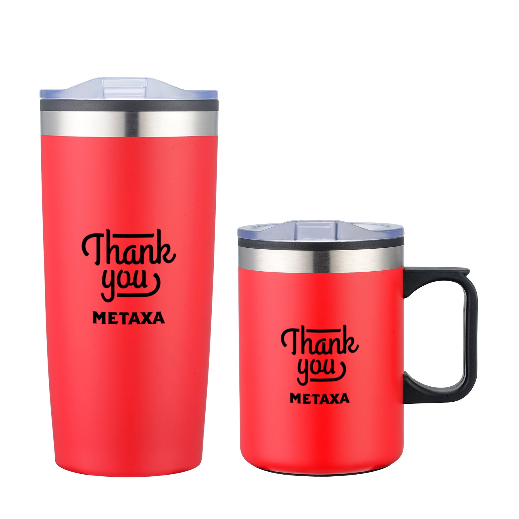 Red Lou Asador tumbler and mug set with clear lids and black 'Thank you METAXA' print, featuring a tall stainless steel tumbler and a matching handle mug