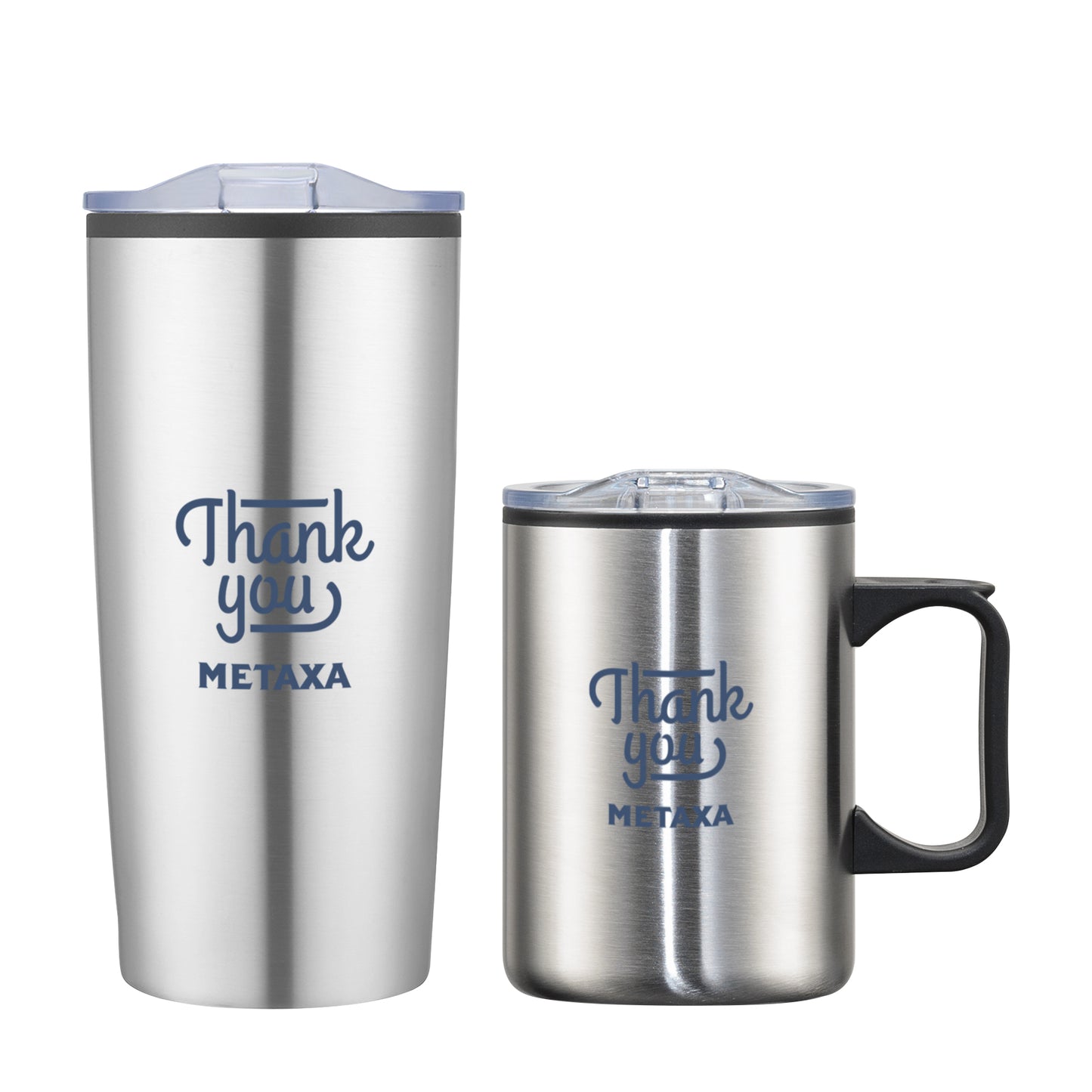 Silver gray Lou Asador tumbler and mug gift set with clear lids and blue 'Thank you METAXA' text, featuring a tall travel tumbler and a handle mug.