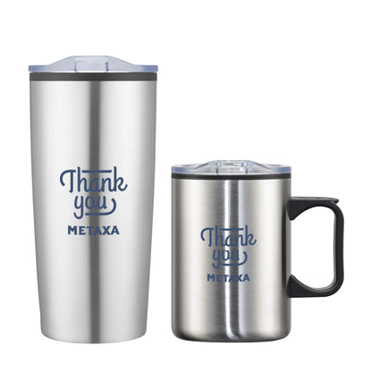 Silver gray Lou Asador tumbler and mug gift set with clear lids and blue 'Thank you METAXA' text, featuring a tall travel tumbler and a handle mug.