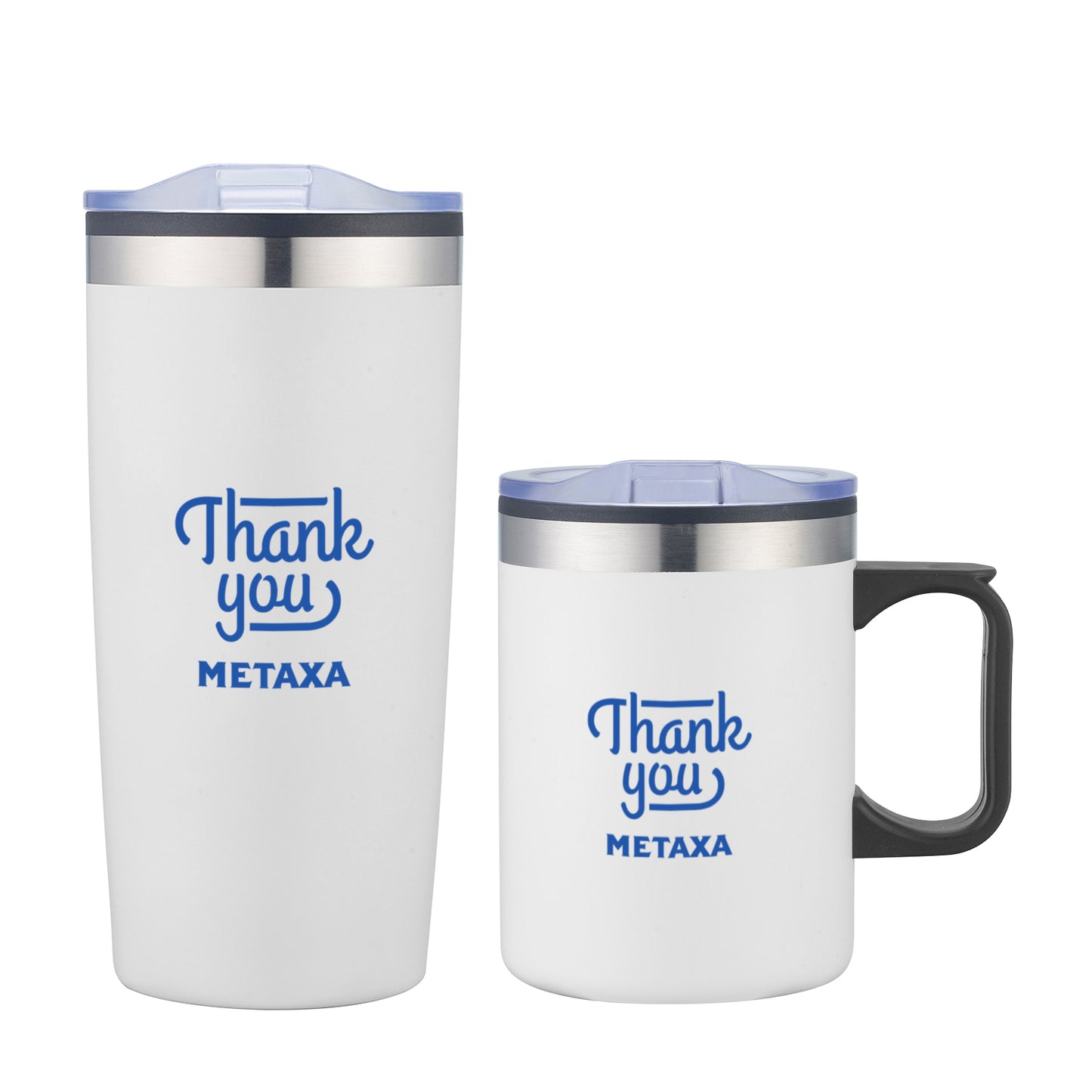 White Lou Asador tumbler and mug gift set with clear lids and blue 'Thank you METAXA' text, featuring a tall travel tumbler and a handle mug.